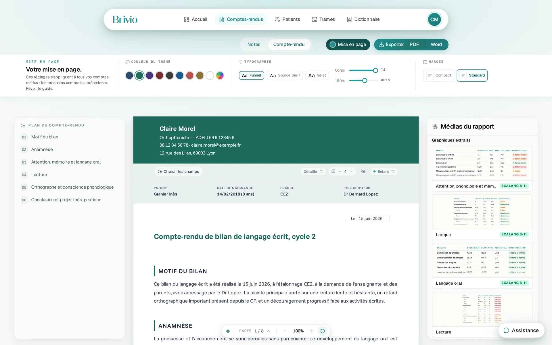 Le studio de mise en page : couleur du thème, typographie, marges, appliqués au compte-rendu en direct